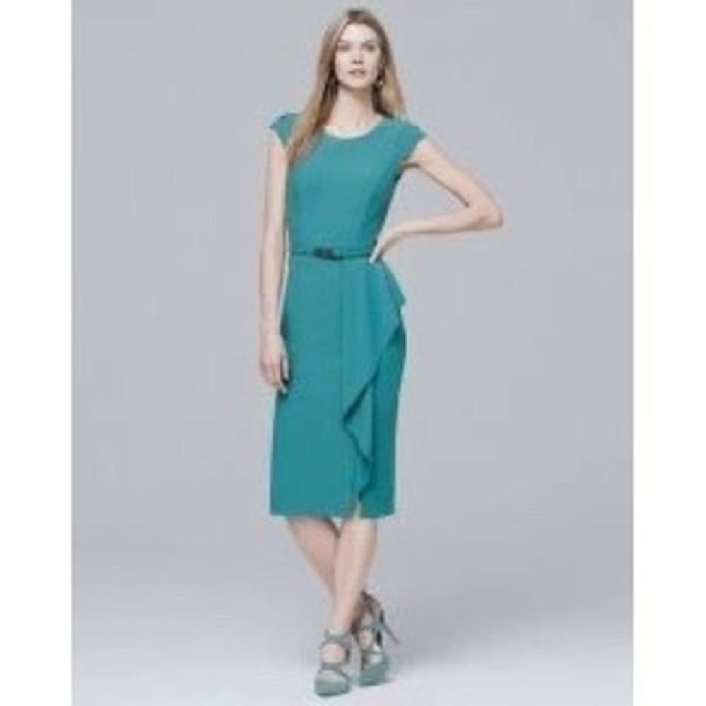 WHITE HOUSE BLACK MARKET Teal Green Cap Sleeve Sheath Dress Cascading Ruffle 12P